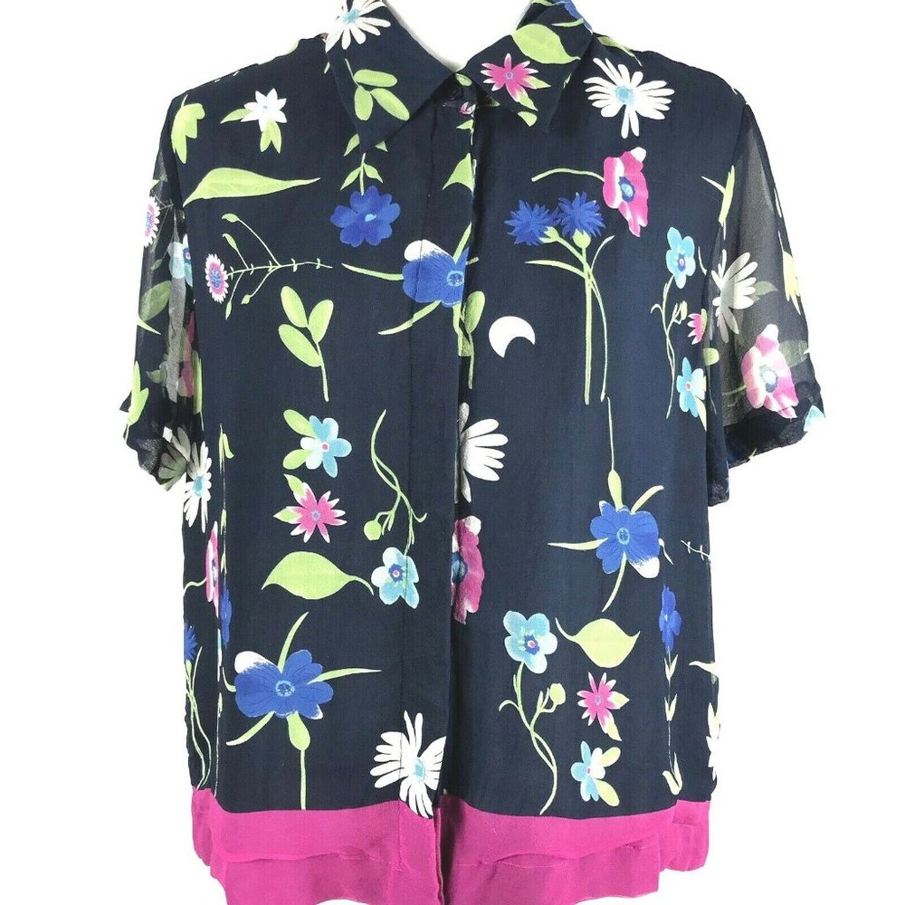 Bridgetown Blue Floral Silk Blouse Pink Trim